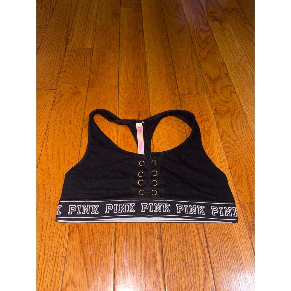 Pink Victoria's Secret Black Lace Up Racerback Sports Bra Logo Band Medium M